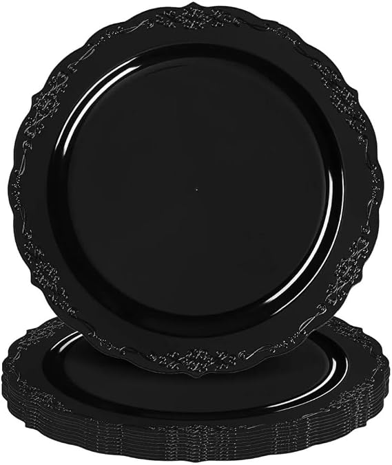 Elegant Black Vintage Rim Round Disposable Plastic Salad Plates - 7.5" (Packs of 10) - Premium Quality & BPA-Free Materials, Perfect for Any Occasion