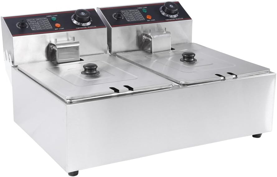 Electric Fat Fryer Deep Fryer Professional Commercial Double Tank Deep Fat Fryer Stainless Steel Chip Fryer Fat Tank Countertop 12L 2200W with Lid Suitable For Making Frying Cuisine, UK Plug