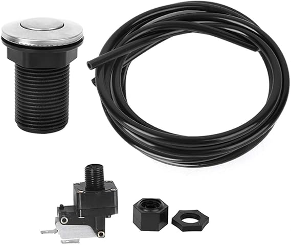 Garbage Disposal Sink Top Air Switch Kit, Air Activated Push Switch Button Mounting Holes Brushed Long Button with 1M Air Hose, Micro Switch