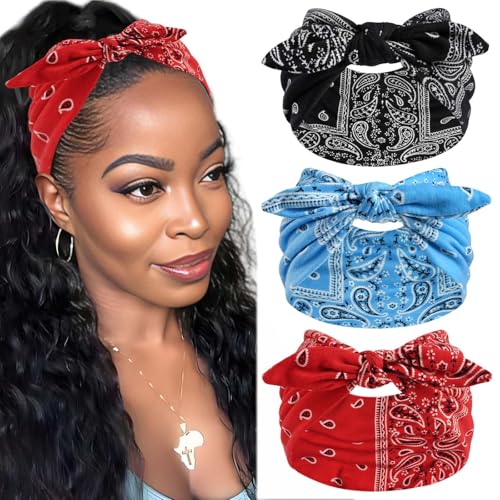 Bandana Headbands Paisley Print Bow Headbands for Women Extra Wide Headwraps Non Slip Hairbands Knotted Head Scarf Workout Yoga Rabbit Ears Turban Hair Accessories For Women