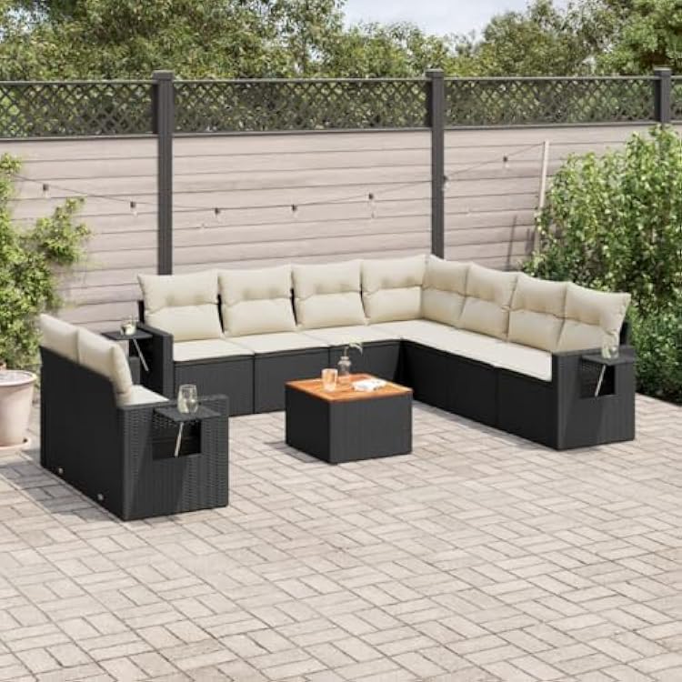 10-Piece Outdoor Patio Furniture Set Black Synthetic Poly Rattan Modern Garden Sofa Set with Weather-Resistant Cushions for Patio, Balcony, and Backyard