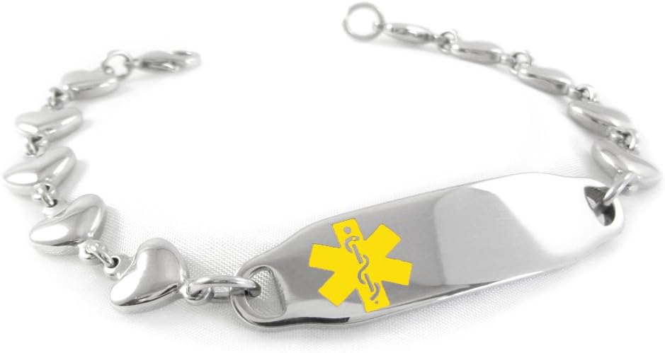 Pre-Engraved & Customized Warfarin Medical Bracelet, Heart Chain Yellow