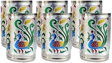 Rastogi Handicrafts Set of 6 Stain less steel glass indian hand made meena work Peacock design Golden silver color Diwali Christmas Tumbler Gift set item (Silver color)