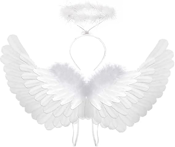 SzJias Angel Costume Wings and Halo Angel Costume Wings for Girls Kids Angel Feather Wings for Halloween Christmas Eve (White)