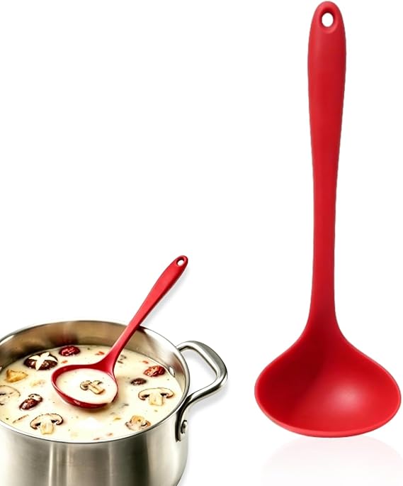 Silicone Cooking Ladle, Soup Serving Spoon Kitchen Ladle Spoons One Piece Design for Cooking and Stirring (Red) 11.2in