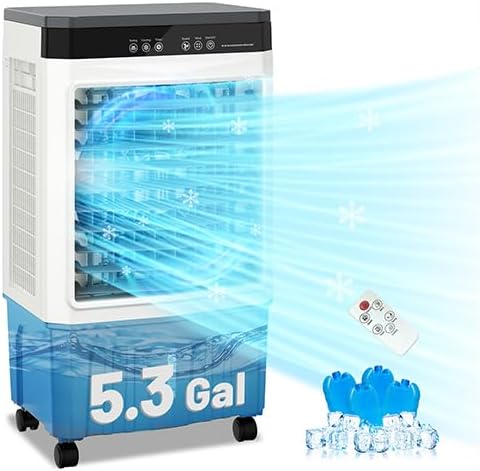 Zynkez 1800 CFM Swamp Cooler, 3-in-1 Evaporative Air Cooler with 5.3 Gal Water Tank, Remote & 12H Timer, 3 Speeds, 4 Ice Packs, Portable Cooling