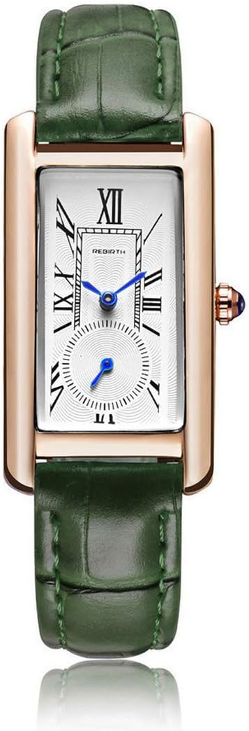 Women Quartz Watch Women Stylish Rectangle Dress Watch with Leather Strap and Blue Crystal Crown, Rose Green, Stylish, Vintage, Fashion