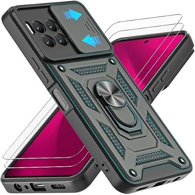for REVVL 7 Pro 5G with Slide Camera Cover, 2 Tempered Glass Screen Protectors, 360 Ring Kickstand [Military Grade] Case Green