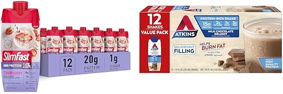 SlimFast Protein Shake, Strawberry- 20g Protein, Meal Replacement Shake Ready to Drink & Atkins Milk Chocolate Delight Protein Shake, 15g Protein, Low Glycemic