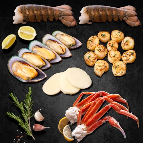 OCEANZEN Family Seafood Party Pack 4 Cold Lobster Tails 6oz Each  2lb Snow Crab Legs  2lb Green Mussels  2lb Calamari Steak  2lb Sea Scallops | Perfect for Family Feasts & Holiday Gatherings