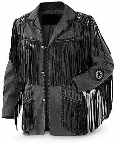 Men's Western Cowboy Jacket with Fringed Beads Native American Suede Leather Coat
