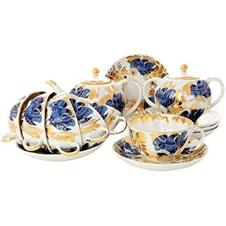 Lomonosov Porcelain Tea Set Tulip Golden Garden 20 pcs 620: Tea Pot, Sugar Bowl, 6 Cups with Saucers and 6 Cake Plates