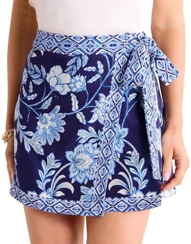 Womens Floral Wrap Short Skirt Summer Beach Mini Skirt Casual Knot Side High Waist A Line Vacation Outfits Skorts