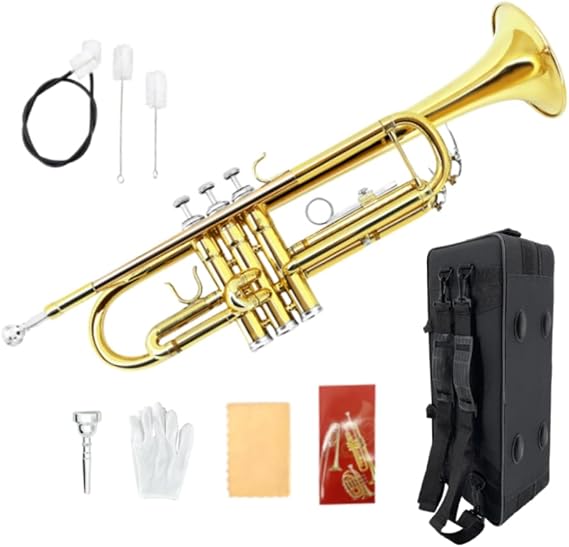 Standard Bb Trumpet Set for Beginners Students Trumpet Brass Trumpet Instrument B Flat with 7C Mouthpiece Cleaning Cloth Gloves and Hard Case (Golden)