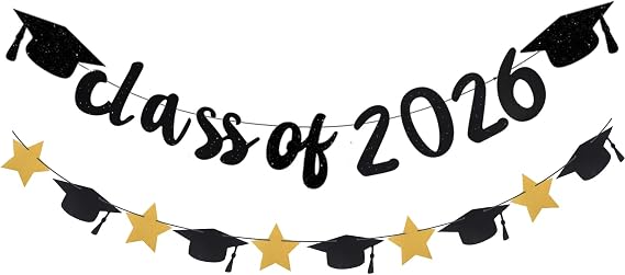 Graduation Decorations, Class of 2026 Black and Gold Party Decorations Graduation Grad Caps Banner, Pull Flag for 2026 Graduate Party Decorations Supplies Classroom Decoration