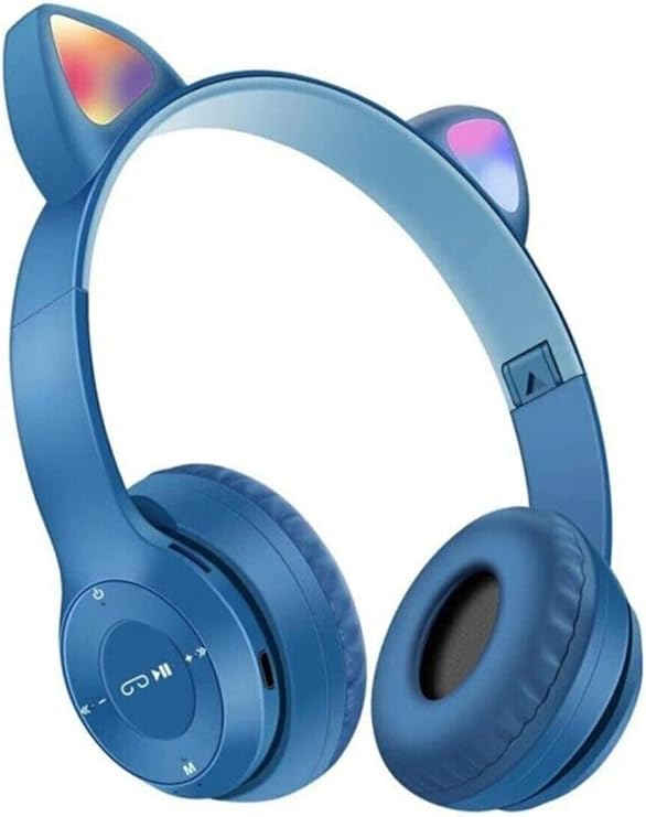 Teknosepetim Bluetooth Kulaklık P47M Kedili Kulaklık Cat Aux Rgb Led Işıklı Çocuk Kulaklık Bt 5.0 Kulaküstü, Koyumavi