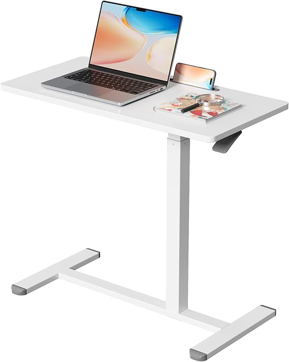 Gibbon Mounts Overbed Bedside Table, 32 Inch Mobile Standing Desk with Hidden Wheels, Pneumatic Height Adjustable Rolling Laptop Cart for Home, Office, White