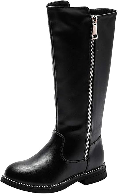 rismart Girls' Tall Riding Boots Flat Heel Side Zipper Winter Fur Lined Knee High Shoes