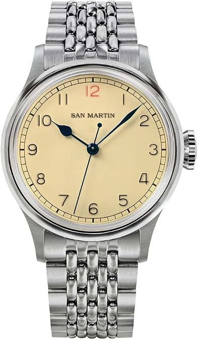 San Martin SN0105-NB Vintage Pilot Men Watches NH35 Simple Light Yellow Stainless Steel Automatic Mechanical Dress Wristwatch