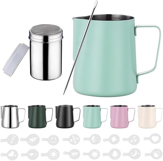 350 ml Stainless Steel Milk Jug Barista Milk Jug with Measurement Mark 12 oz Milk Foam Jug with Cocoa Shaker 16 Latte Art Stencils & Pen for Cappuccino and Espresso Light Green