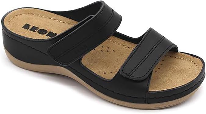 LEON 907 Leather Slip-on Womens Ladies Sandal Clogs Mules Slides Slippers Shoes, Black, EU 38 (7.5M US Women)