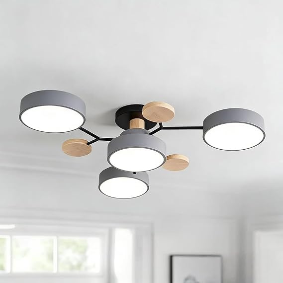 Ceiling Light, Modern Semi Flush Mount Ceiling Light, Nordic Wood Chandelier with Circular Acrylic LED Shade for Living Room, Bedroom, Dining Room Requires Assembly (Gray, 4 Heads, 3-Color Light) [Energy Class A]