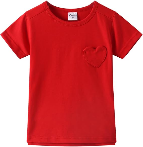 Noomelfish Girls Short Sleeve Heart Pocket T-Shirts Casual Cotton Tee Tops Blouse (5-12 Years)