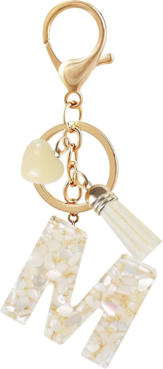 Fmeida Initial Keychains for Women, White Personalized Cute Heart Keyring | Resin Name Letter, Cute Bag Charms, Key Ring Gift for Friend Family Teacher