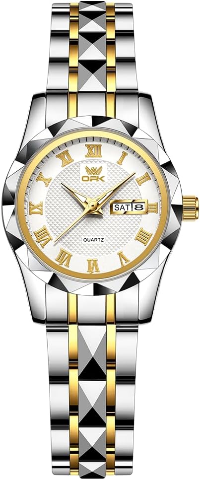 Ladies Quartz Formal Casual Watch with Calendar, Day, Date, Round Face, Diameter 28mm, Stainless Steel, Japanese Made Movement, Roman Numeral Index, Daily Waterproof, gold/silver, Classic