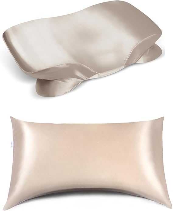 1 Champagne Satin Pillowcase for Cervical Pillow  1 Champagne Satin Pillowcase for Side Sleeper Pillow