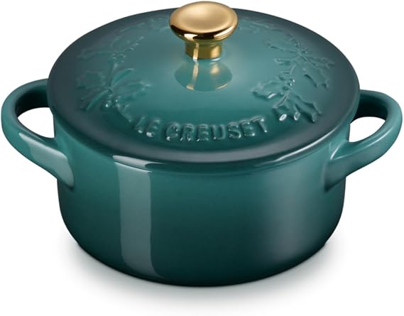 Le Creuset Stoneware Holly Collection Mini Round Cocotte, 8 Oz, Artichaut with Gold Knob