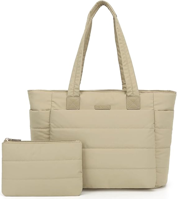 Puffer Tote Bag for Women, Lightweight Puffy Shoulder Bag with Compartments, Quilted Handbag for Work, Travel, Gym