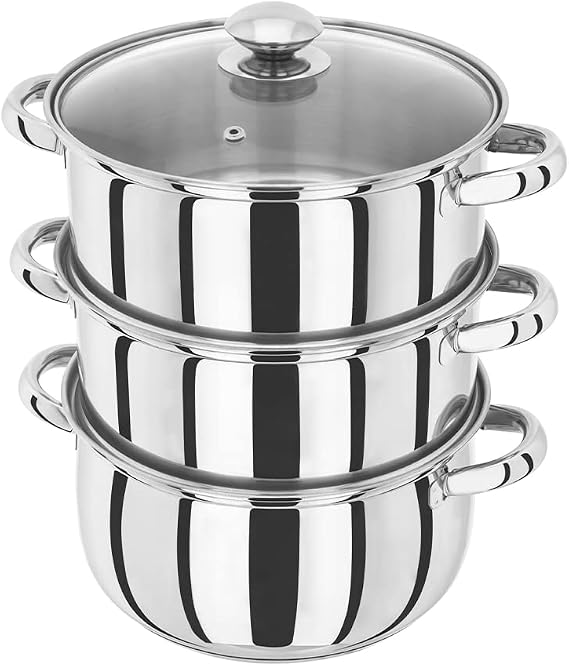 Judge Essential 3-Tier Stainless Steel Steamer - Thermic Based & Vented Glass Lid, Oven-safe Vegetable Steam Cooker with Cool Handles, Energy-Efficient, Induction Ready Healthy Steamer Cooking - 22cm