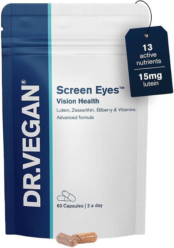 DR.VEGAN® Screen Eyes | Vision Health, 60 Vegan-Friendly Capsules | | Lutein (15mg), Zeaxanthin (2mg), Meso-zeaxanthing (10mg), Astaxanthin (2mg) and Bilberry (50mg) | Two-A-Day, 30 Day Supply