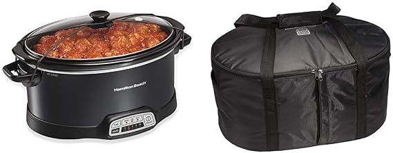 Hamilton Beach Portable 7-Quart Programmable Slow Cooker With Lid Latch Strap, Black (33474) & Hamilton Beach Travel Case & Carrier Insulated Bag for 4, 5, 6, 7 & 8 Quart Slow Cookers (33002),Black