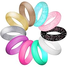 Silicone Wedding Ring For women, Thin and Stackable Durable Rubber Safe Band For Love, Couple, Souvenir and Outdoor Active Exercise Style-10 Rings Pack