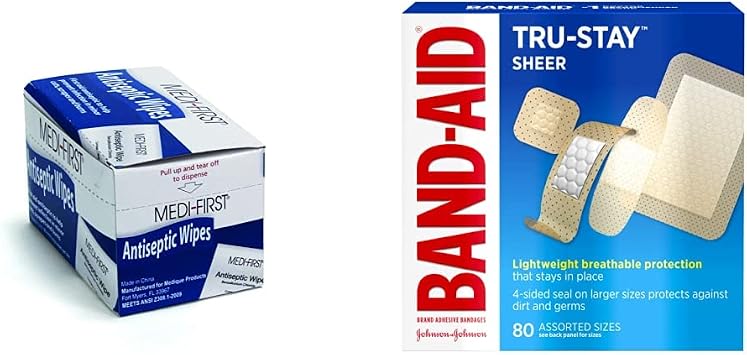 Medique Medi-First Antiseptic Wipes 20 Pack and Band-Aid Brand Tru-Stay Sheer Strips Adhesive Bandages 80 ct