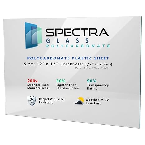 Clear Polycarbonate Sheet 12" x 12" (1/2" Thick) | Stronger Than Plexiglass Sheets, UV, Impact, Weather Resistant, Sizes Nominally Cut +-1/8", Made in USA
