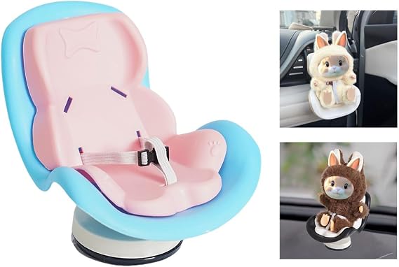 Doll Car Seat,17cm 20cm Labb Rabbit Bunny Air Vent Seat, Hands Free Chair with Clip onto Car Air Vent and Base for Desktop,Belt to Fasten Hold the Doll Funny Decoration Ornament Collection -Pink Blue