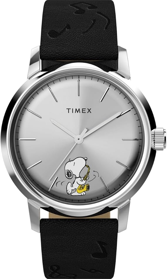 Timex Men's Peanuts x Marlin Saxophonist Automatic 40 mm Watch - Black Leather Strap with Silver-Tone Dial and Stainless Steel Case TW2W68800