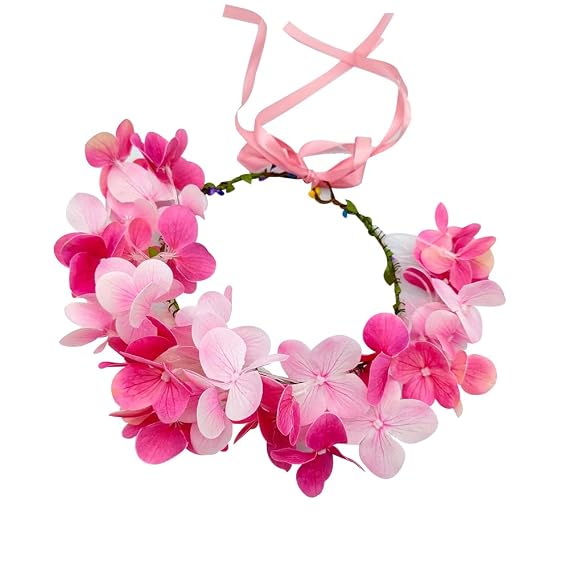 Boho Floral Crown for Women, Adjustable Fabric Flower Hair Crown Headband Handmade Faux Silk Flower Hair Accessory Weddings Festivals Photoshoots (Pink, Adjustable)
