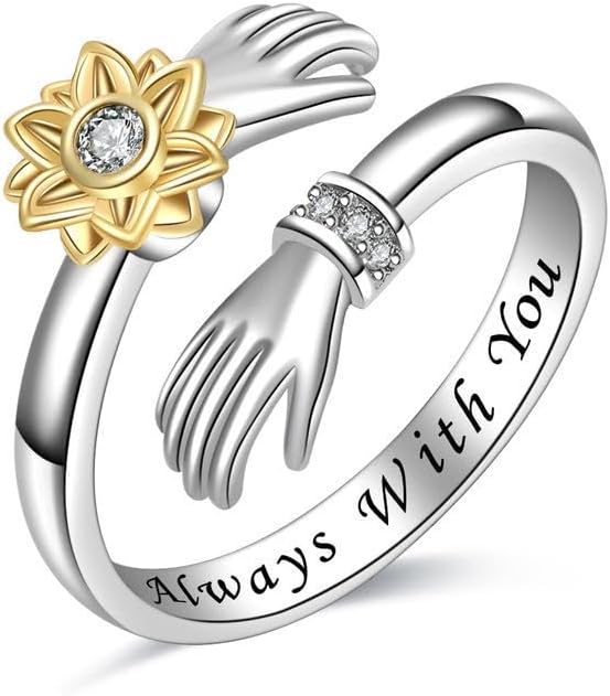 Adjustable Sunflower Rotating Silver Ring with Diamonds and Simple Two-handed Hugging Band