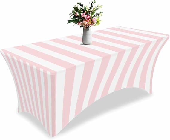 Spandex Tablecloth 6 Ft, Pink Striped Stretch Fitted Table Covers for Rectangle Tables, Modern Farmhouse Pink White Stripes Washable Patio Table Cloths Protector for Banquet/Wedding