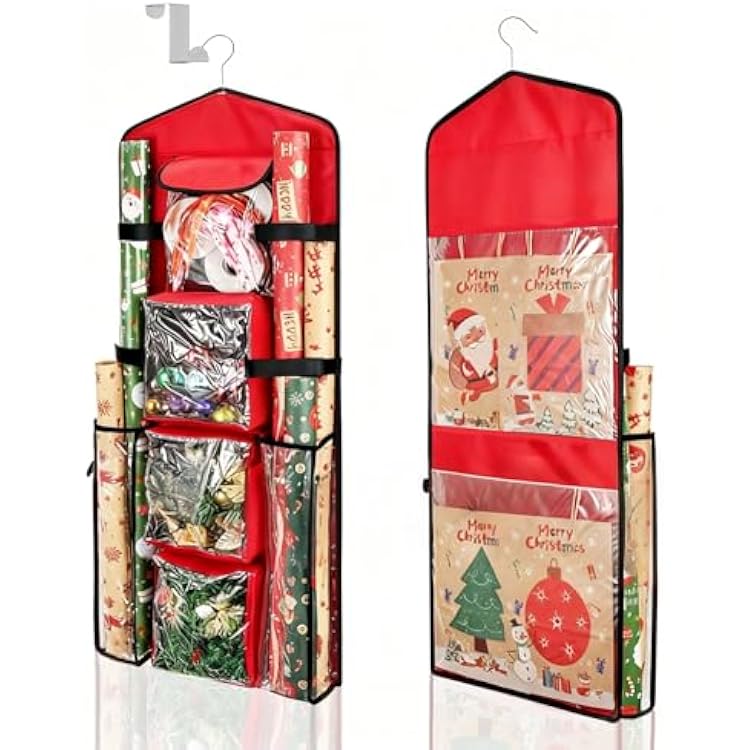 Hanging Wrapping Paper Storage Organizer, Double-Sided Gift Wrap Holder, 360 Rotating Gift Bag Storage Organizer for Your craft, Accessories, Gift Warp Supply, Wrap Ribbon and Stationery Red