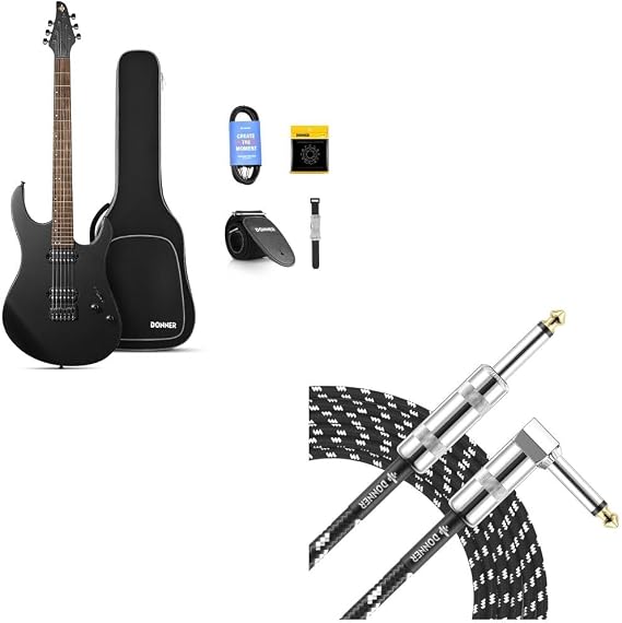 Donner Solid Body Electric Guitar + Guitar Cable 10 ft Black White