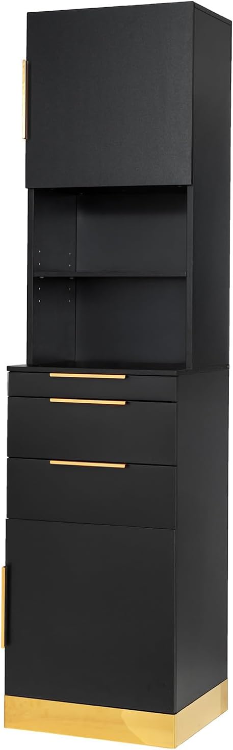 OmySalon Salon Stations for Hair Stylist, Barber Station with Storage Cabinet & Drawers & Hair Dryer Holders, Modern Beauty Salon Spa Equipment for Barbershop, Black Gold