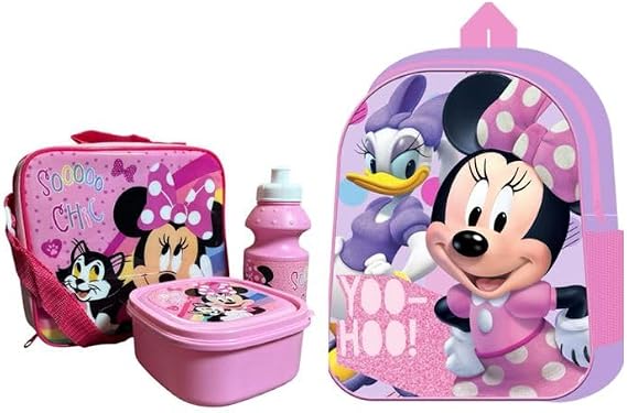 Official Licensed Kids 4-Piece School Set Backpack, Lunch Bag, Water Bottle & Snack Box Back to School Bundle for Boys & Girls (Standard Minnie Mouse Yoo-Hoo + 3pcs Lunch Set Bundle 12)