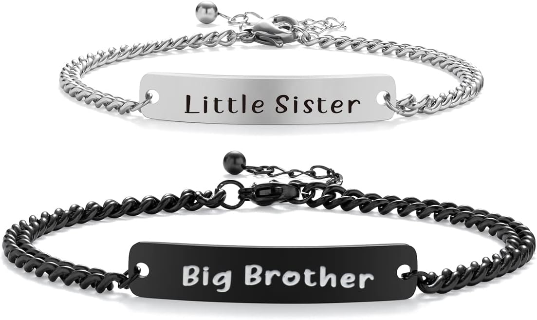 Big Sister and Little Brother Sibling Matching Bracelet Family Jewelry Gifts for Brother from Sister Set for 2 (Big Brother Little Sister Bracelet, Stainless Steel)