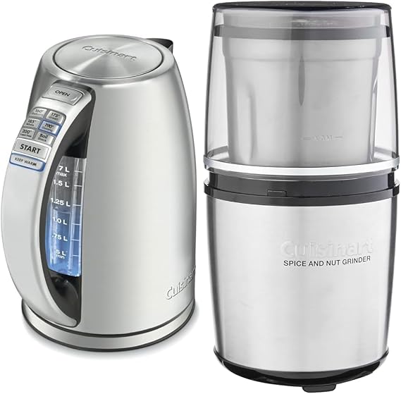 Cuisinart 1.7-Liter Stainless Steel Cordless Electric Kettle with 6 Preset Temperatures & SG-10 Electric Spice-and-Nut Grinder, Stainless/Black, Mini