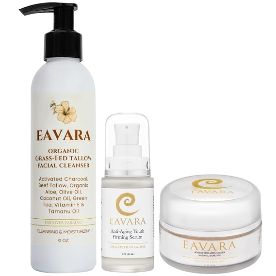 Tallow Cleanser, Facial Serum, and Moisturizer Set Organic Skincare Trio with Grass-Fed Tallow, Hyaluronic Acid, Vitamin C, and Kukui Oil Hydrates, Revitalizes, Helps Reduce Fine Lines